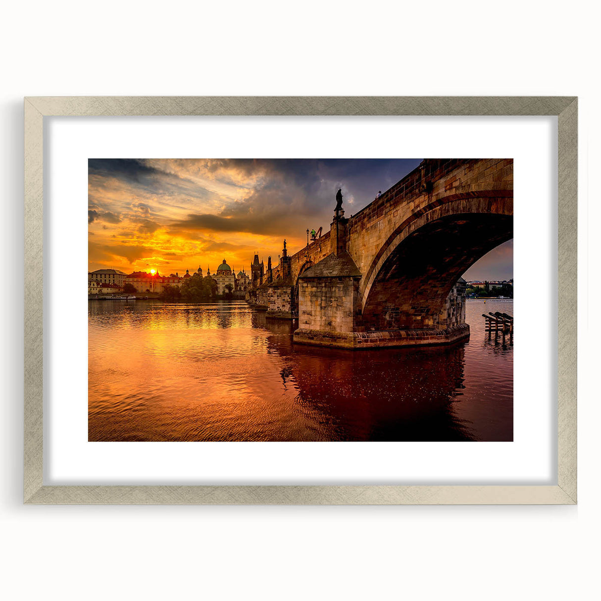 Extra large wall art of abstract Prague cityscape in textured gray and blue tones, framed with a silver mat.