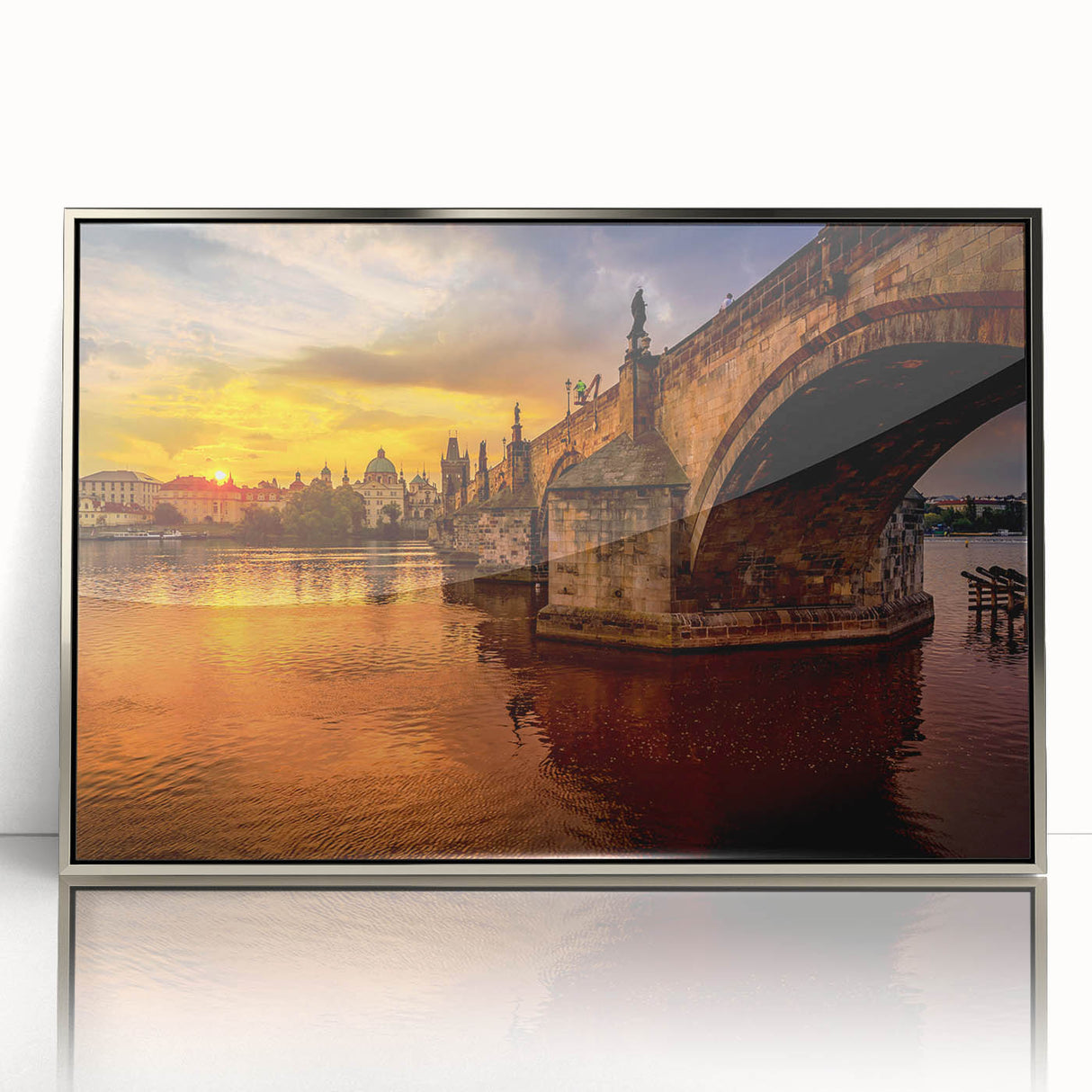 Large art print of Prague cityscape in muted gray tones on silver-framed acrylic, suitable for modern art wall decor.