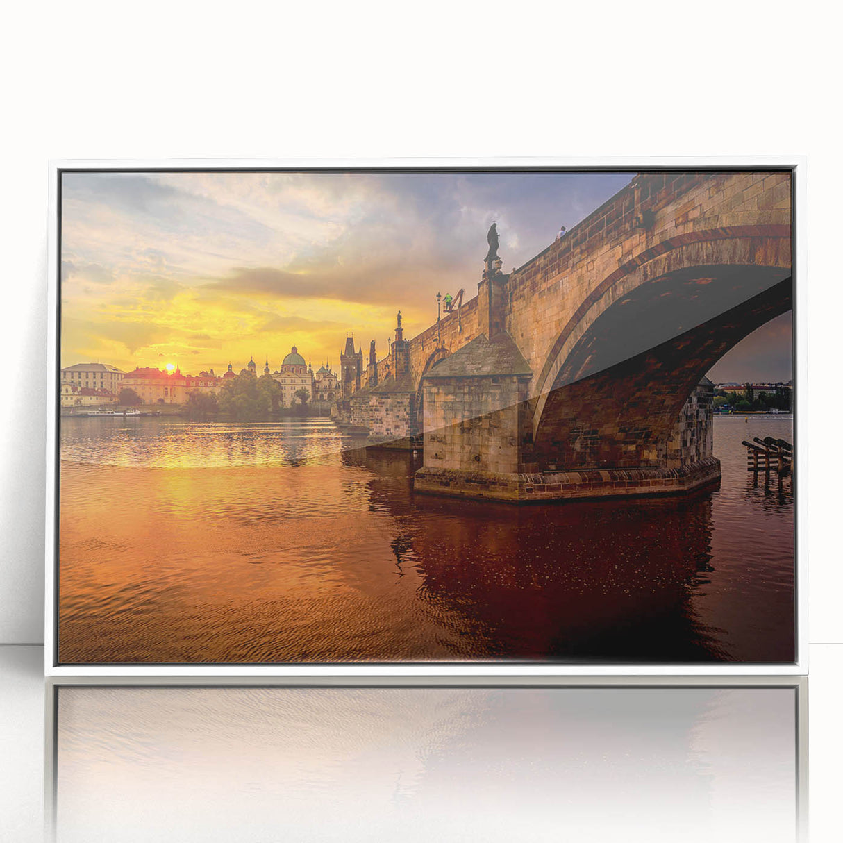 Mid-century modernist art depicting Prague skyline in muted earth tones on a framed acrylic print.