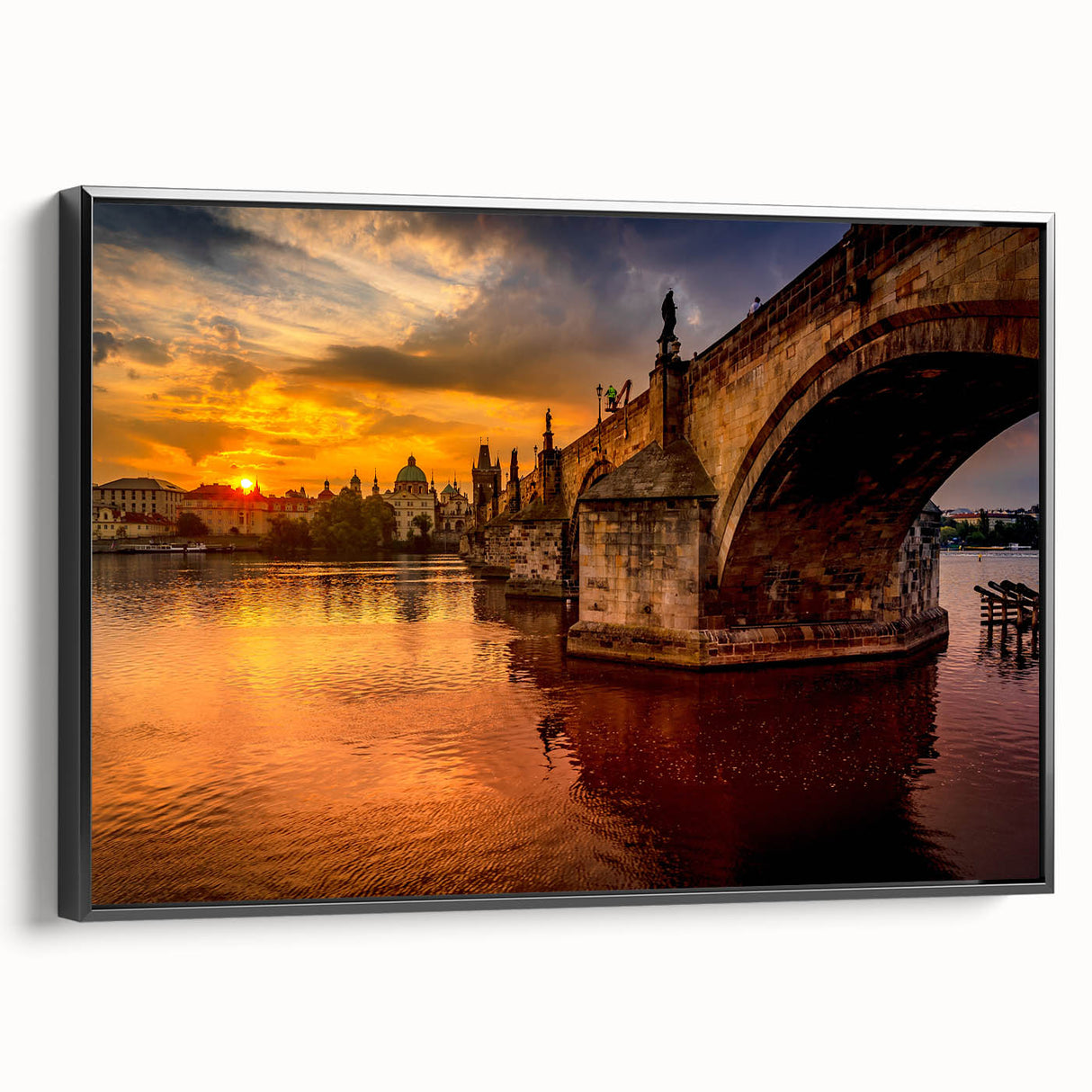 Black and white framed canvas of Prague landscape, ideal for bedroom wall art.