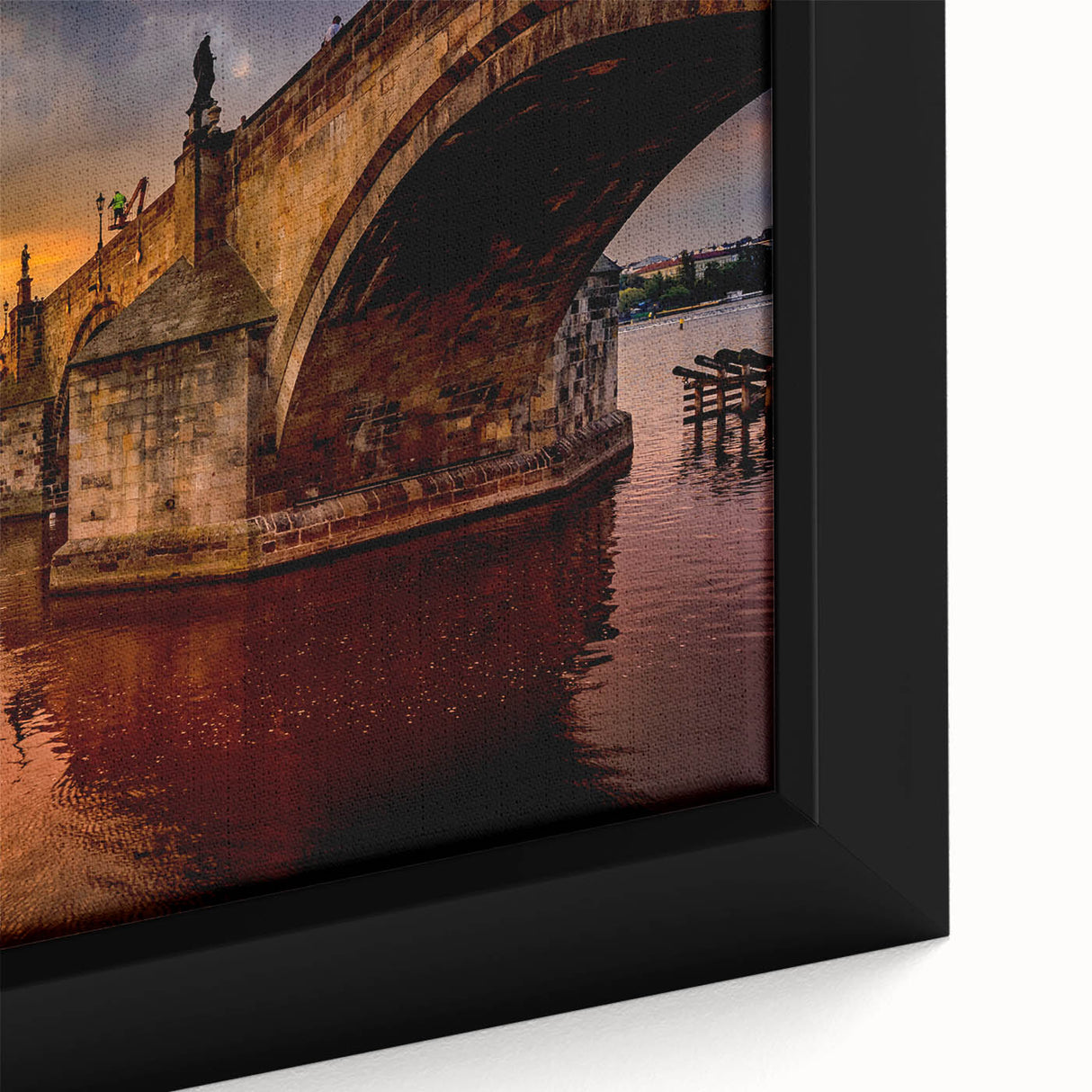 Extra large framed canvas of a textured Prague cityscape in black with colorful accents, ideal for living room decor.