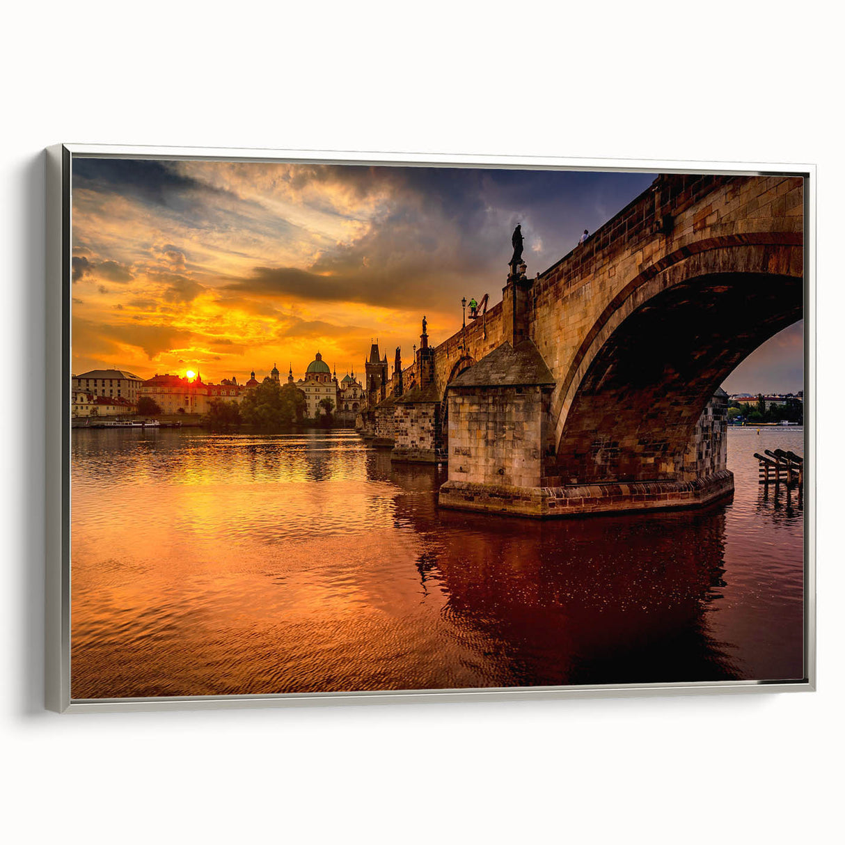 Framed canvas landscape art painting depicting the colorful Prague skyline on a black background.