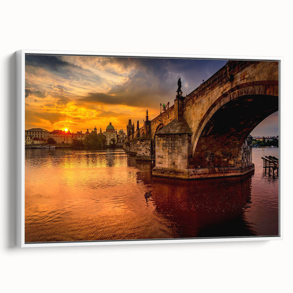 Vintage poster art of Prague with colorful accents on extra large, framed canvas ideal for living room decor.