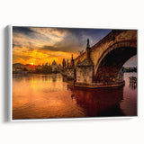 Vintage poster art of Prague with colorful accents on extra large, framed canvas ideal for living room decor.
