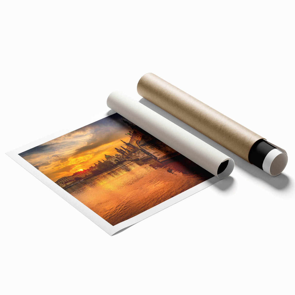 Extra large rolled print of Prague scenery with muted floral elements, ideal for classy bathroom wall art.
