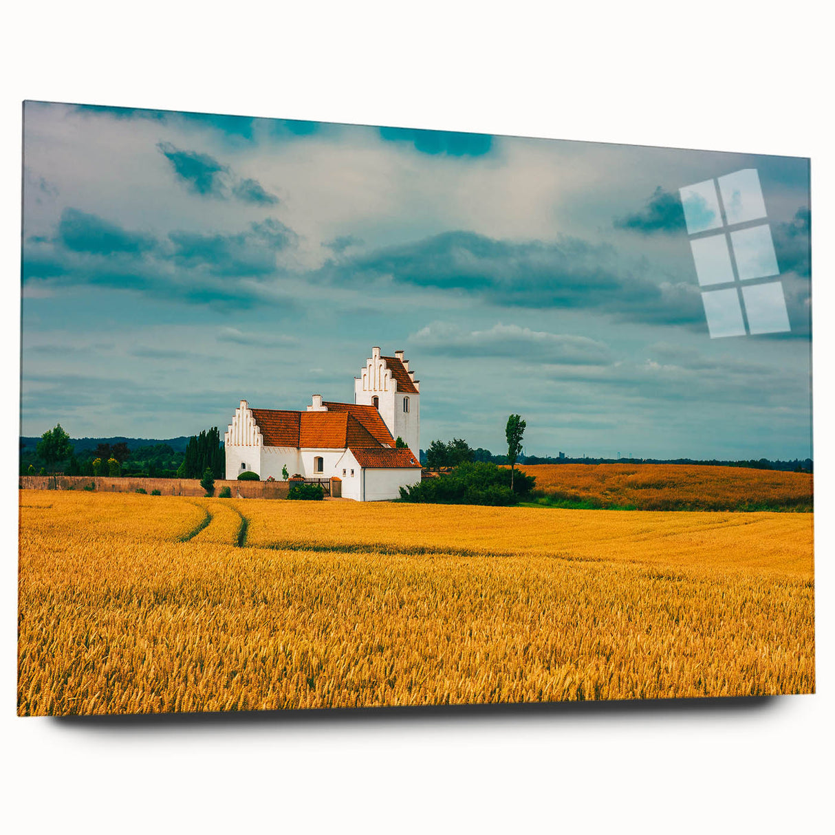 Large abstract depiction of a European scenery in muted gray and blue tones on acrylic glass.