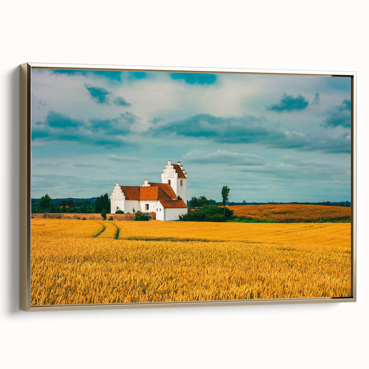 Framed canvas of a vintage-style Danish landscape in muted gold and black tones, ideal for bedroom wall decor.