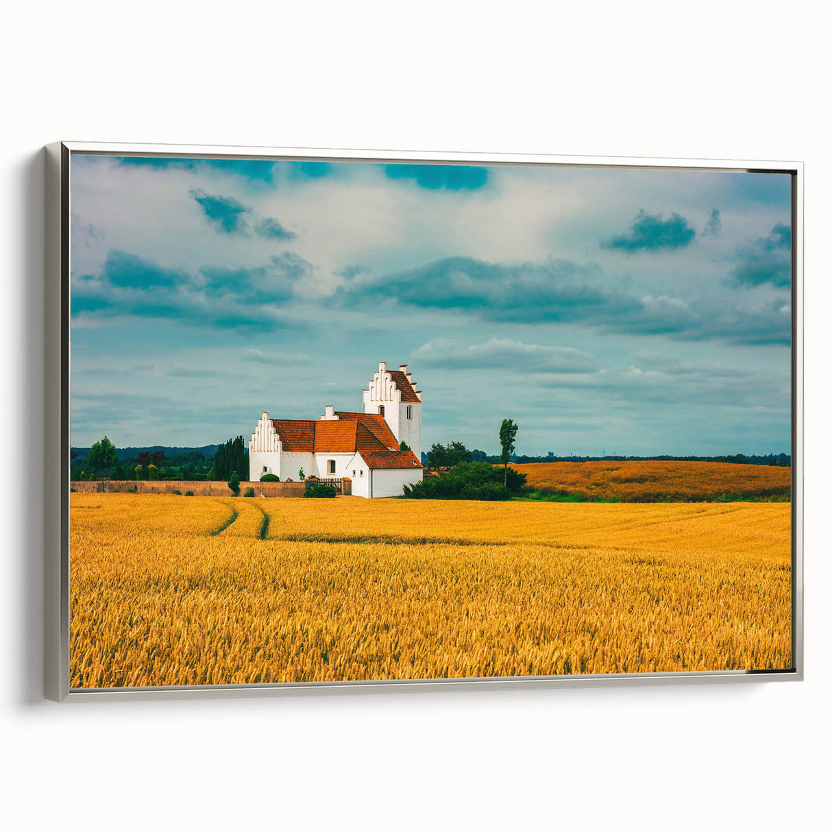 Framed canvas of a vintage Danish landscape painting featuring muted earth tones, ideal for living room decor.