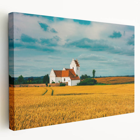 Large art print of a European Danish landscape in muted earth tones on stretched canvas, suitable for kitchen wall art.