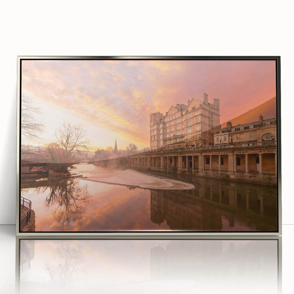 Framed acrylic print of a mid-century modernist European cityscape in muted colors, ideal for modern art wall decor.