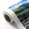 Art deco poster of Cumbria landscape in muted green and blue tones on rolled canvas, ideal for nursery wall art.