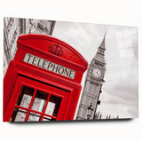 Large abstract depiction of London's skyline in muted gray and blue tones on acrylic glass.