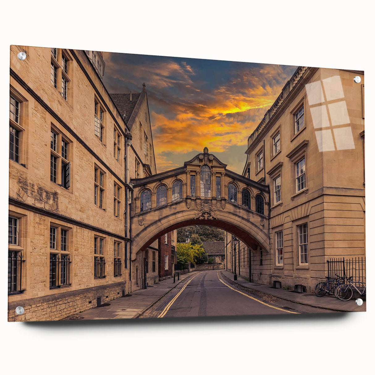Acrylic print of Oxford scenery with muted earth tones, ideal for dining room decor.