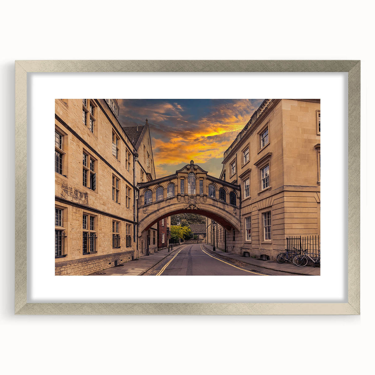 Extra large abstract art print of Oxford scenery in textured silver frame, ideal for living room decor.