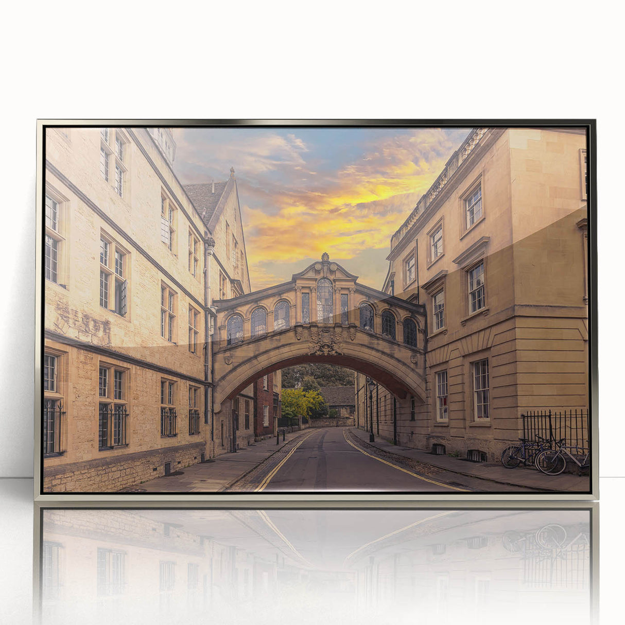 Mid-century modernist Oxford scenery in muted earth tones, silver-framed acrylic print, suitable for nursery wall art.