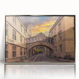 Mid-century modernist Oxford scenery in muted earth tones, silver-framed acrylic print, suitable for nursery wall art.
