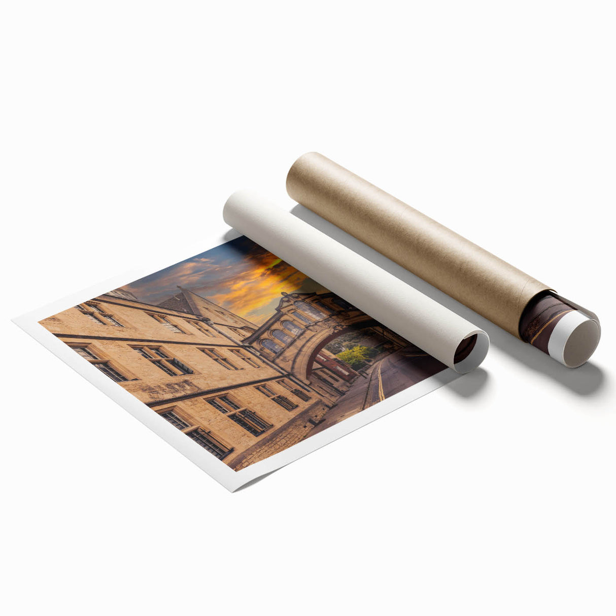 Extra large rolled print of Oxford, England scenery with floral elements in soft color tones.