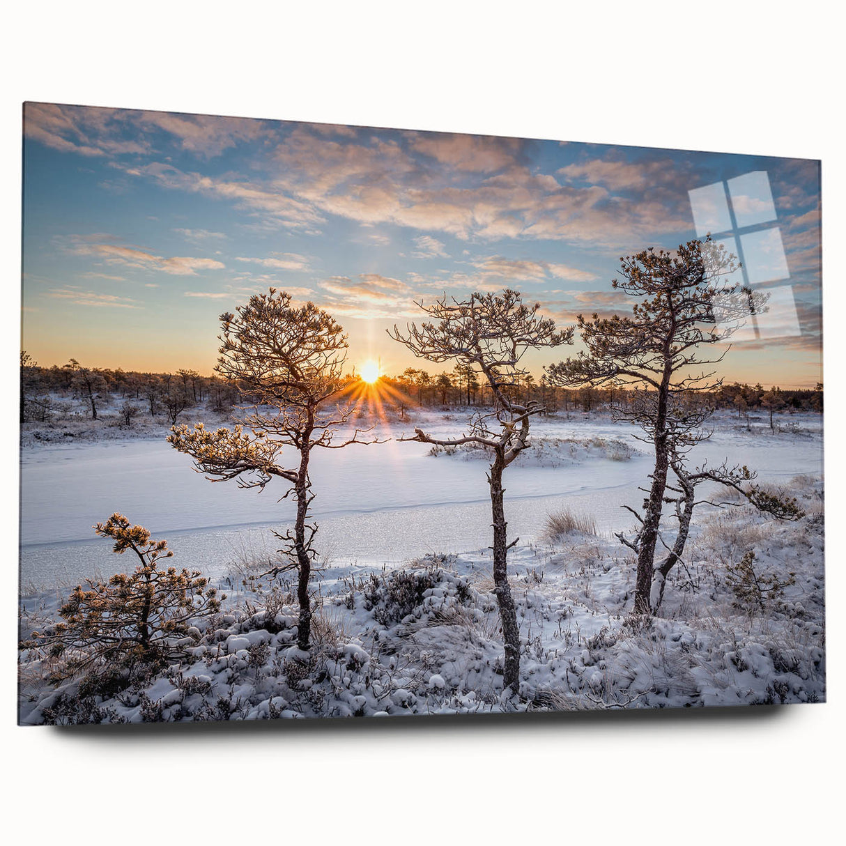Large abstract wall art depicting a European scenery in muted earth tones on acrylic glass.