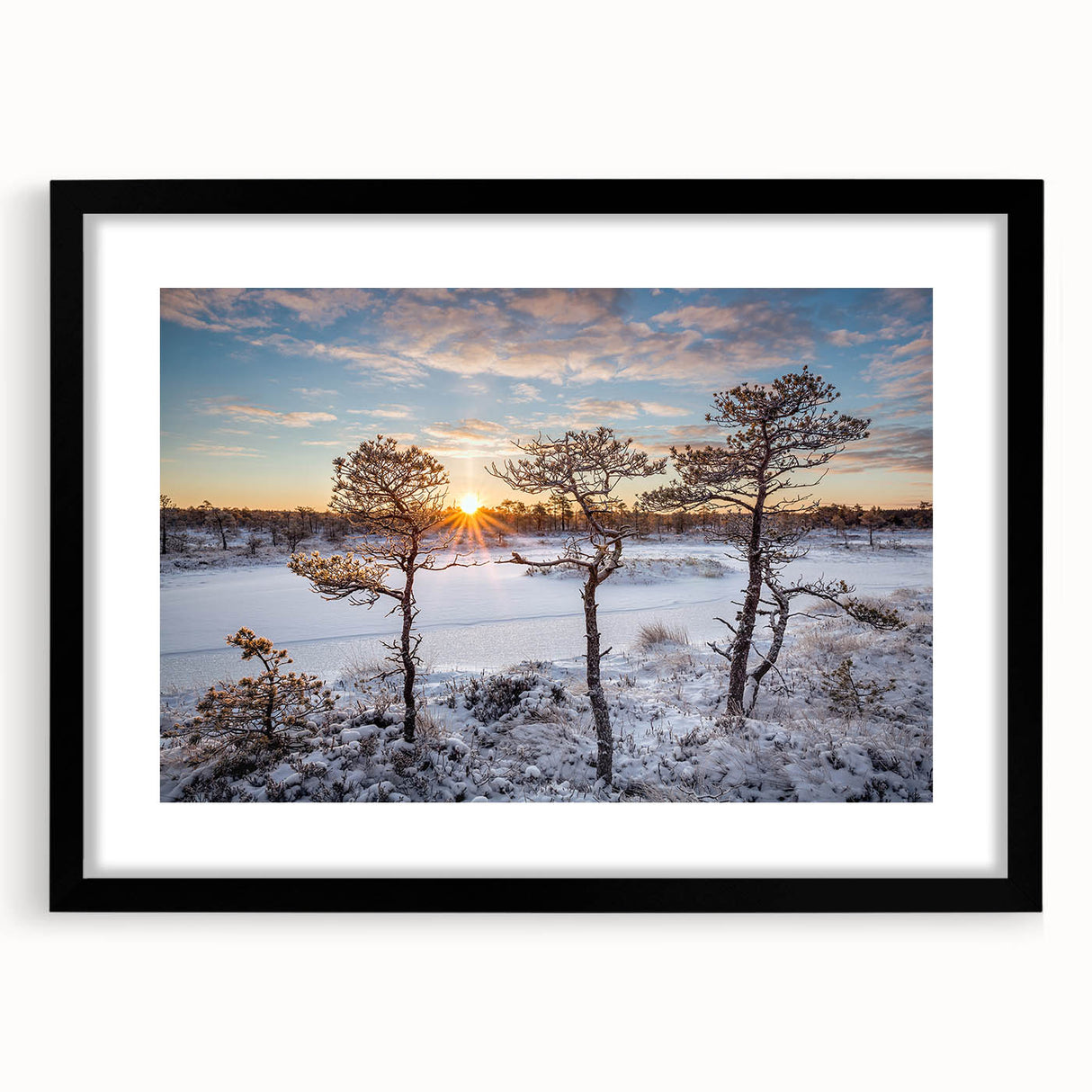 Extra large abstract art print of a colorful European scenery on textured canvas, framed in black.