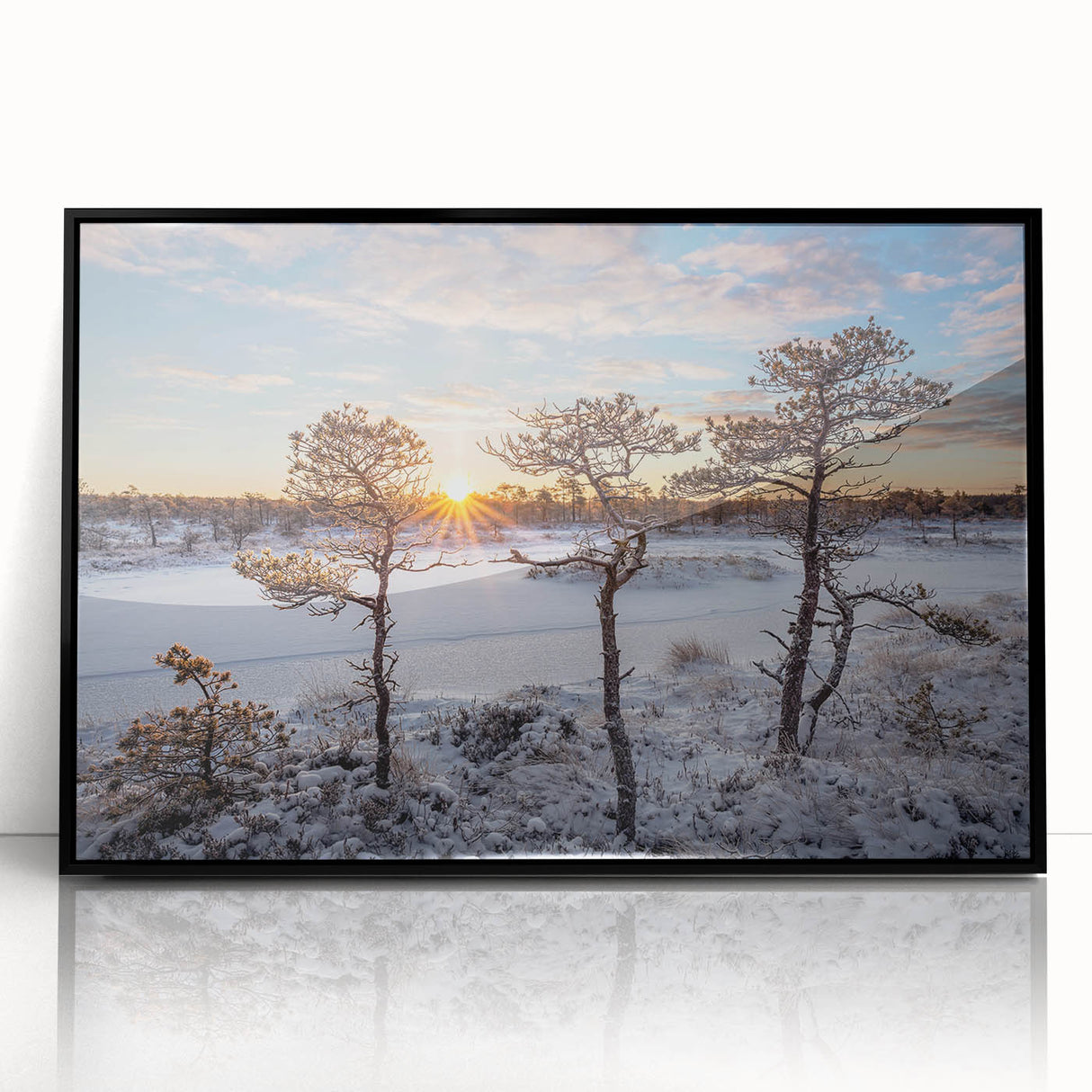Large abstract wall art depicting a European Estonian scenery in muted gray and blue tones, framed in black acrylic.