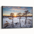 Black and white framed canvas of a European landscape in vintage poster style, ideal for bedroom decor.