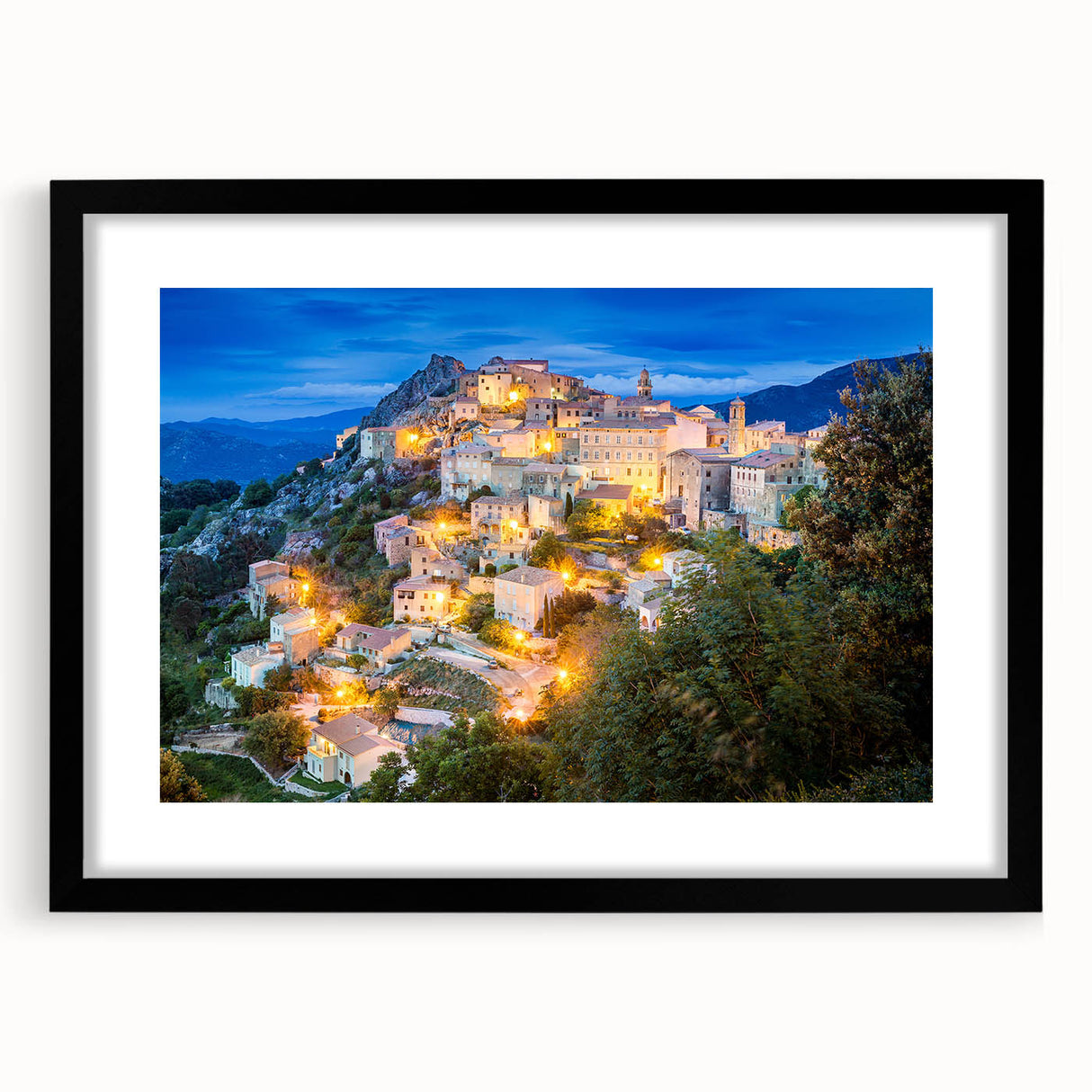 Abstract art print of a vibrant, colorful Corsican landscape on a large, textured canvas, framed in black.