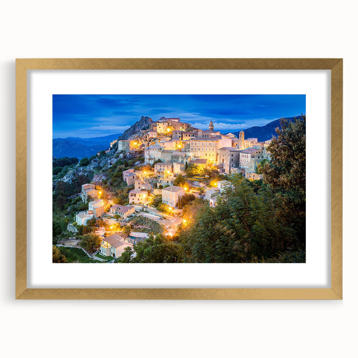Abstract art print of a Corsican landscape in muted earth tones on a framed canvas.