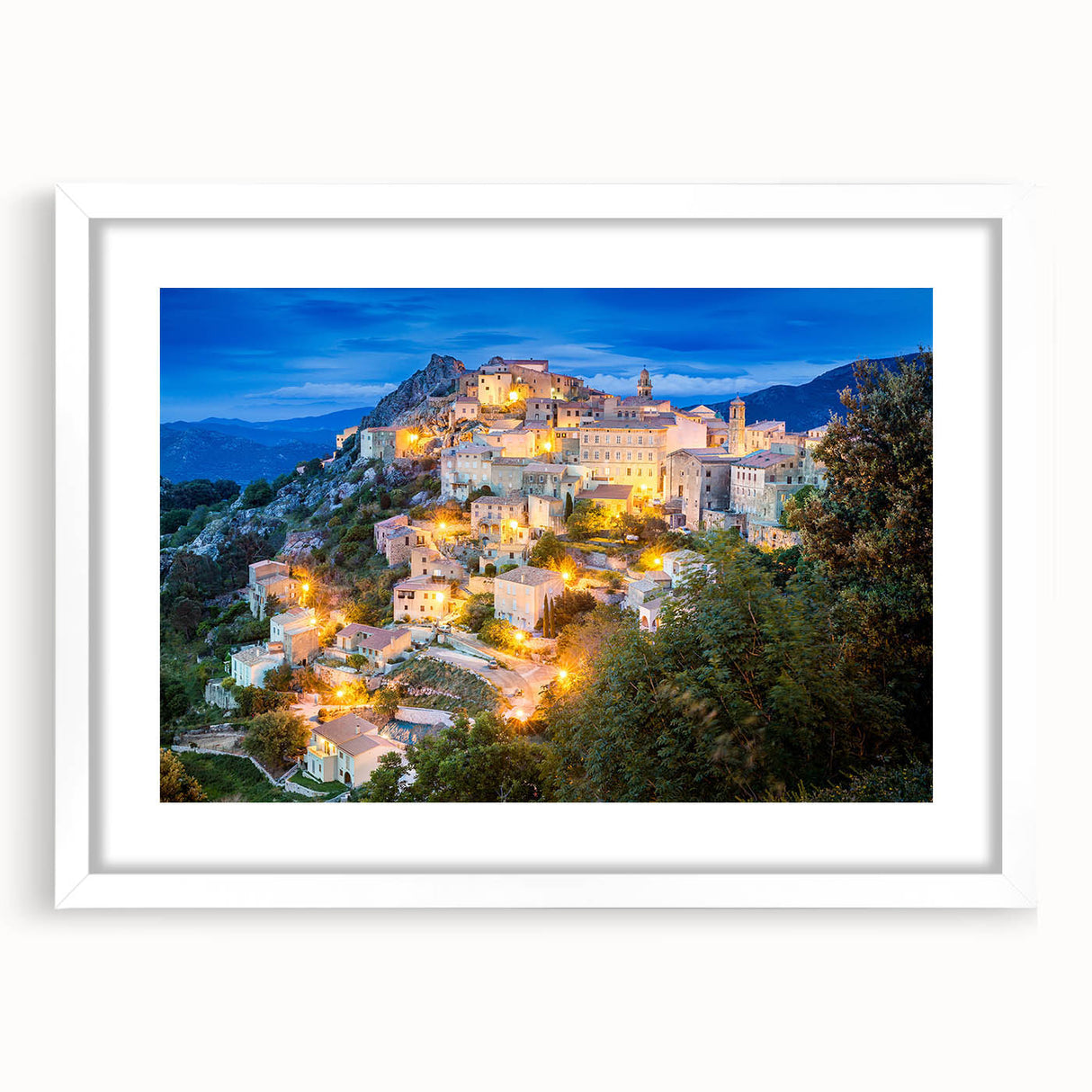 Textured abstract art print of a Corsican landscape in muted earth tones on a framed white mat, suitable for bedroom decor.