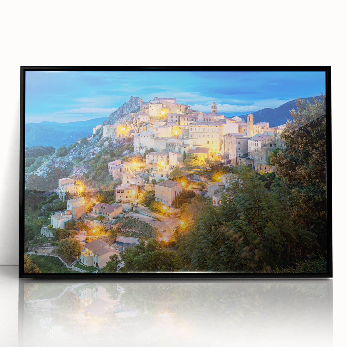 Large abstract wall art depicting a Corsican landscape in muted earth tones on a framed acrylic panel.