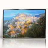 Large acrylic print of a Corsican landscape in mid-century modernist style with muted earth tones.