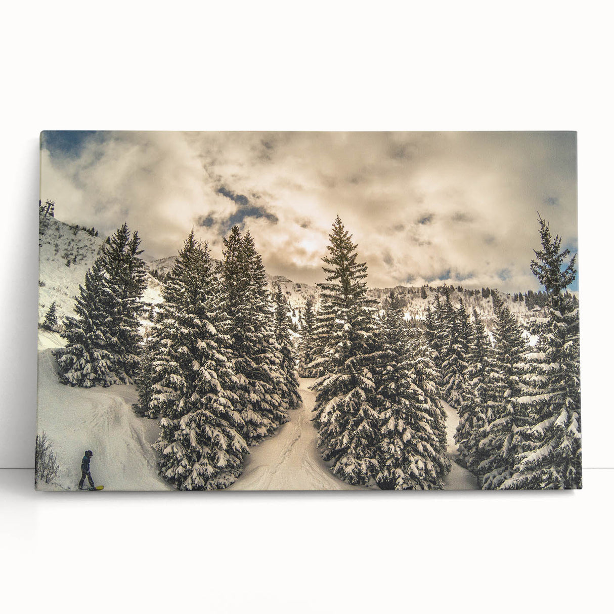 Black and white photograph of the French Alps on a large stretched canvas, ideal for kitchen wall art.