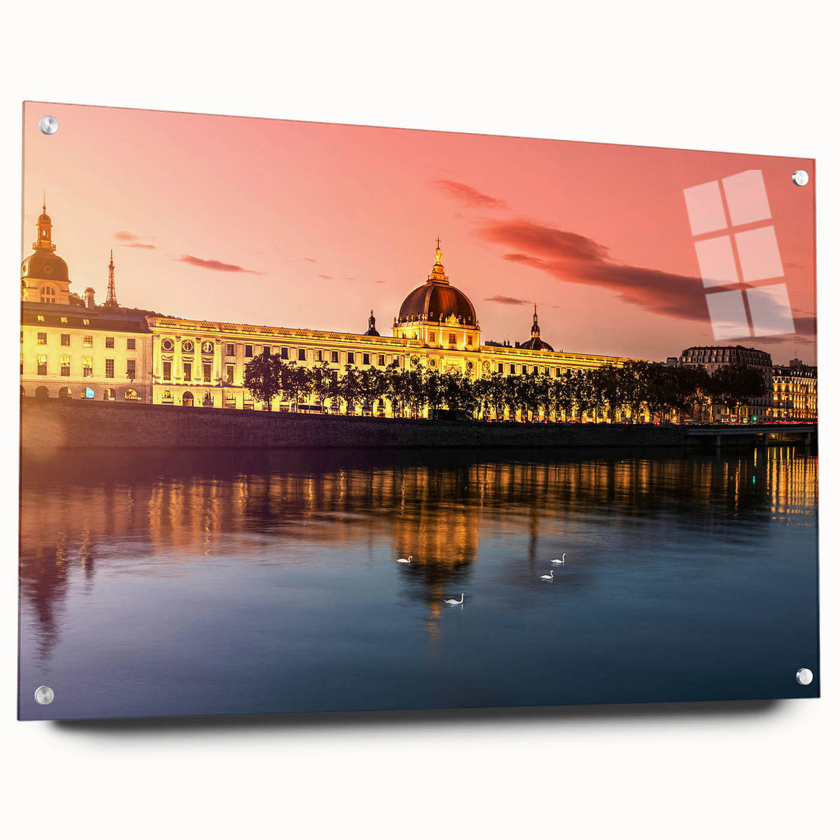 Acrylic print of Lyon, France, featuring vivid sunset colors, ideal for dining room decor.