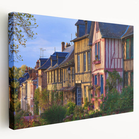 Side view of a stretched canvas depicting the Normandy landscape in France, with muted green and blue tones.