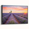 Black and white framed canvas featuring a vintage-style landscape painting of Provence, ideal for bedroom wall decor.