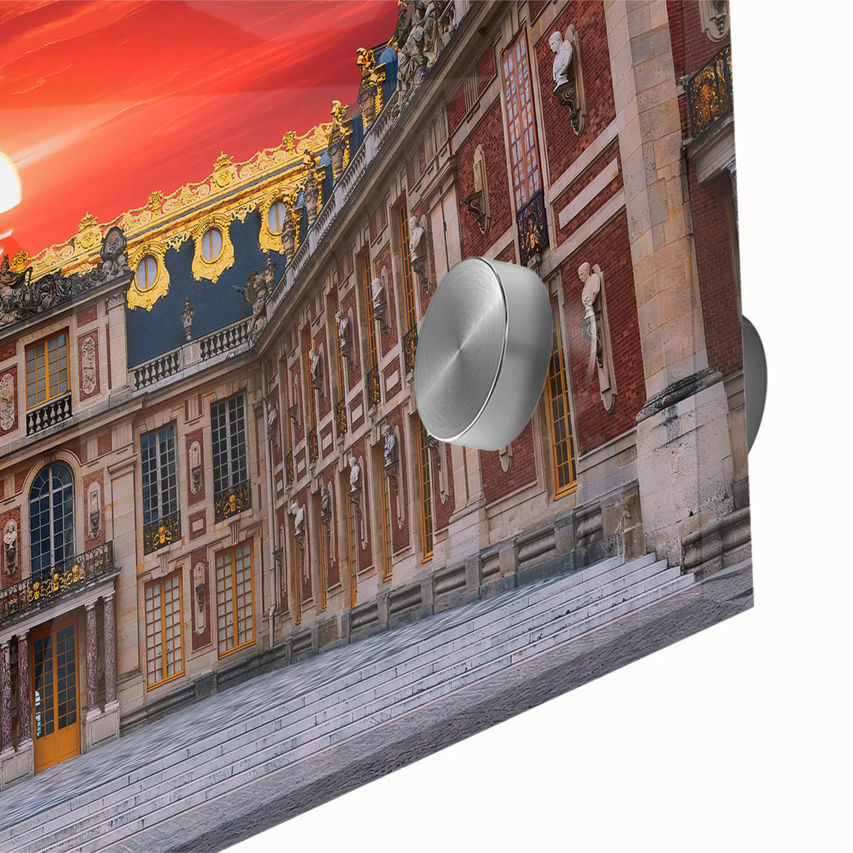 Acrylic print of Versailles scenery, featuring muted earth tones in a mid-century modernist style, ideal for dining room art.