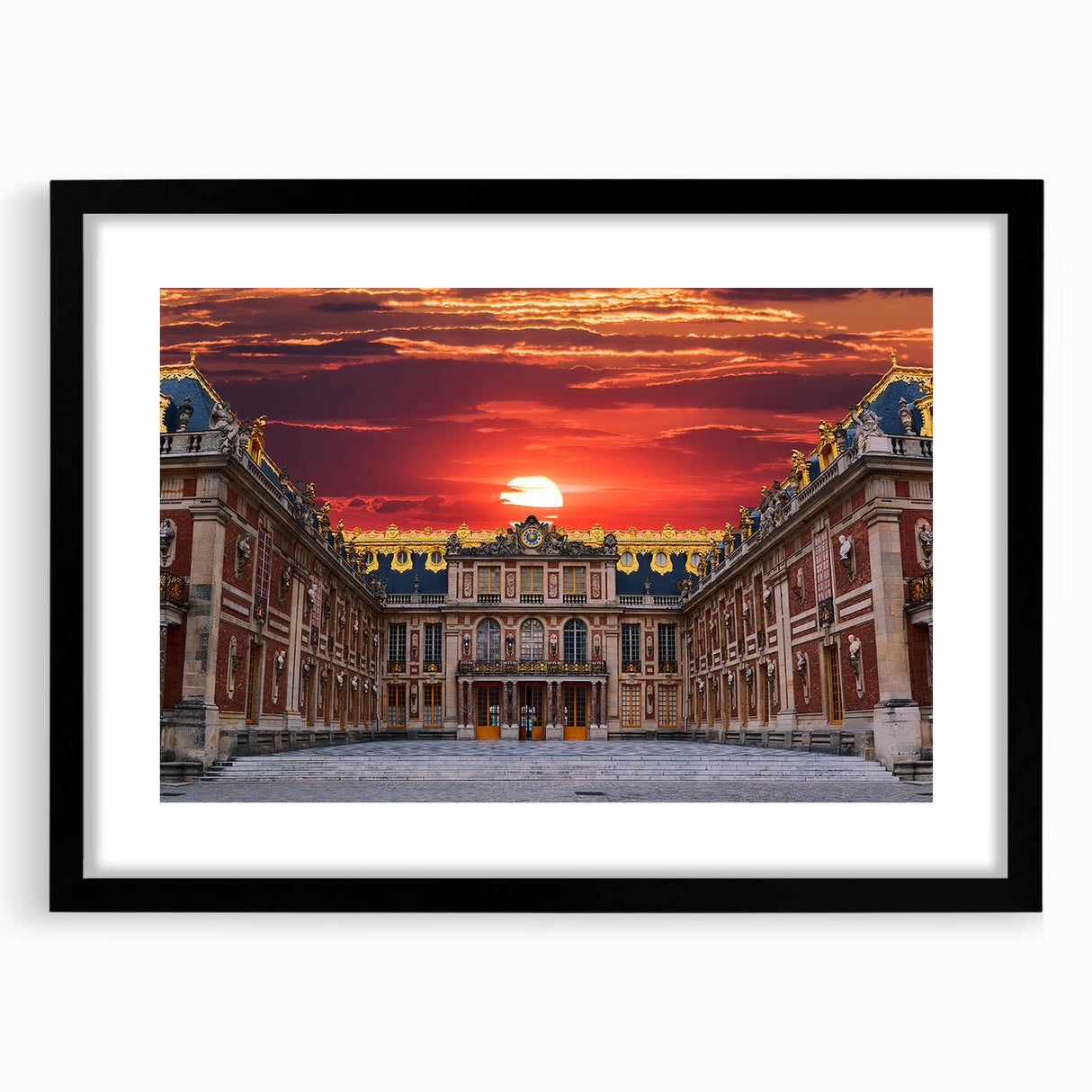 Extra large abstract art print of a colorful, textured scenery of Versailles, in a black frame with mat.