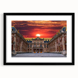 Extra large abstract art print of a colorful, textured scenery of Versailles, in a black frame with mat.
