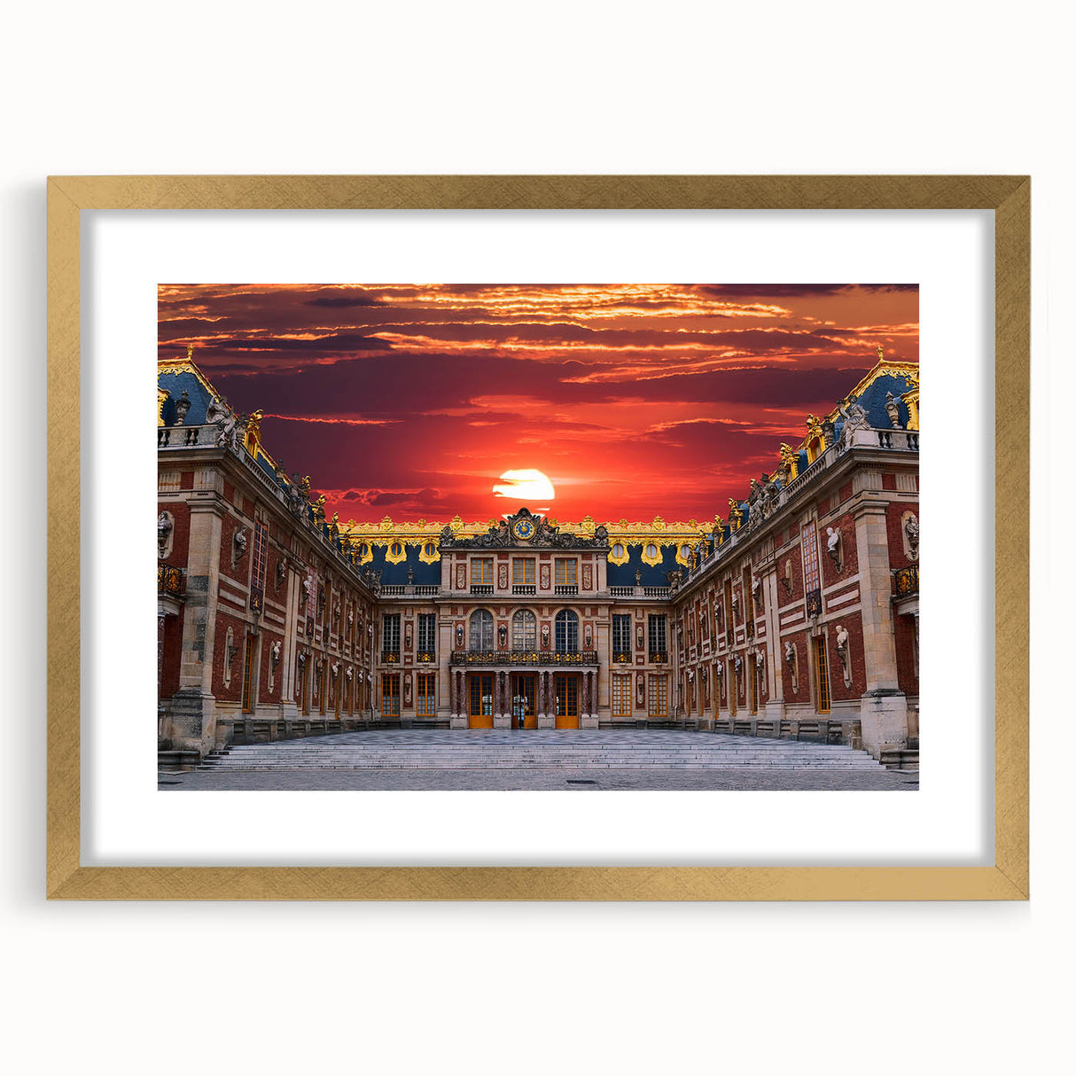 Abstract art print of Versailles scenery in gold frame, featuring muted earth tones, ideal for dining room decor.