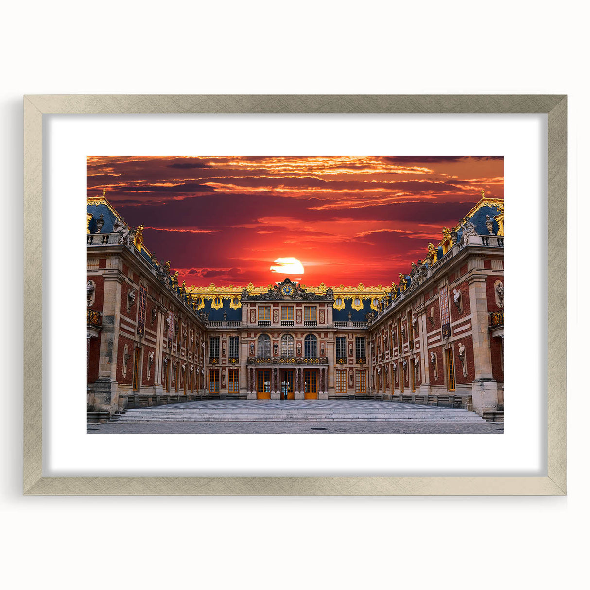 Extra large wall art of an abstract representation of Versailles in textured grays and blues, framed in silver.