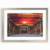 Extra large wall art of an abstract representation of Versailles in textured grays and blues, framed in silver.