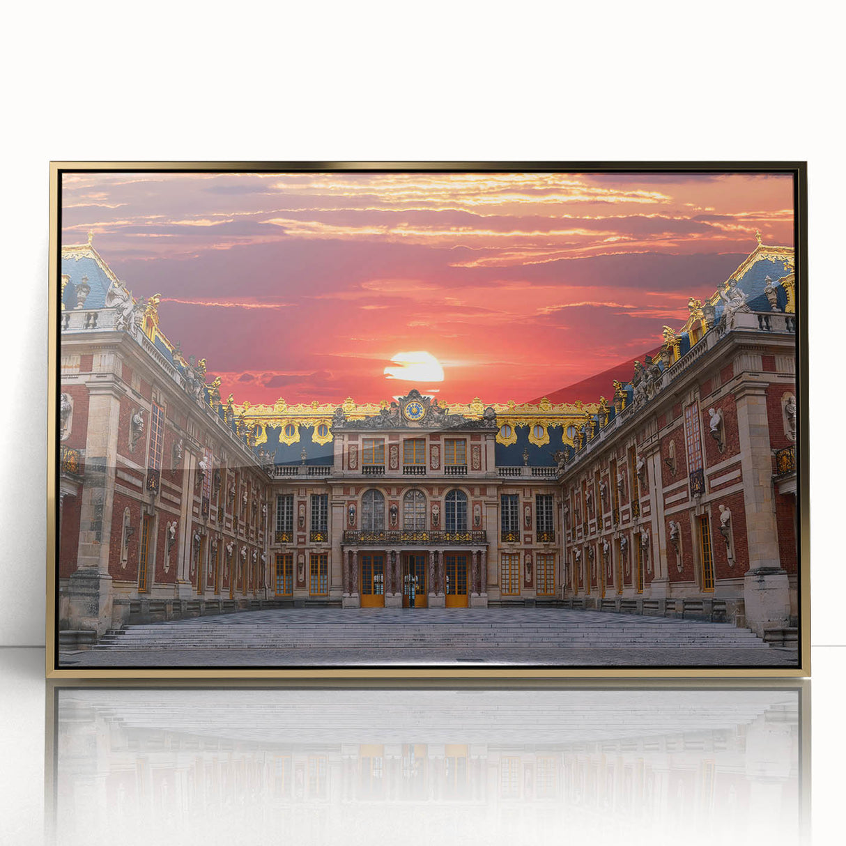 Acrylic print of Versailles scenery in art deco style with gold frame, ideal for modern nursery wall art.