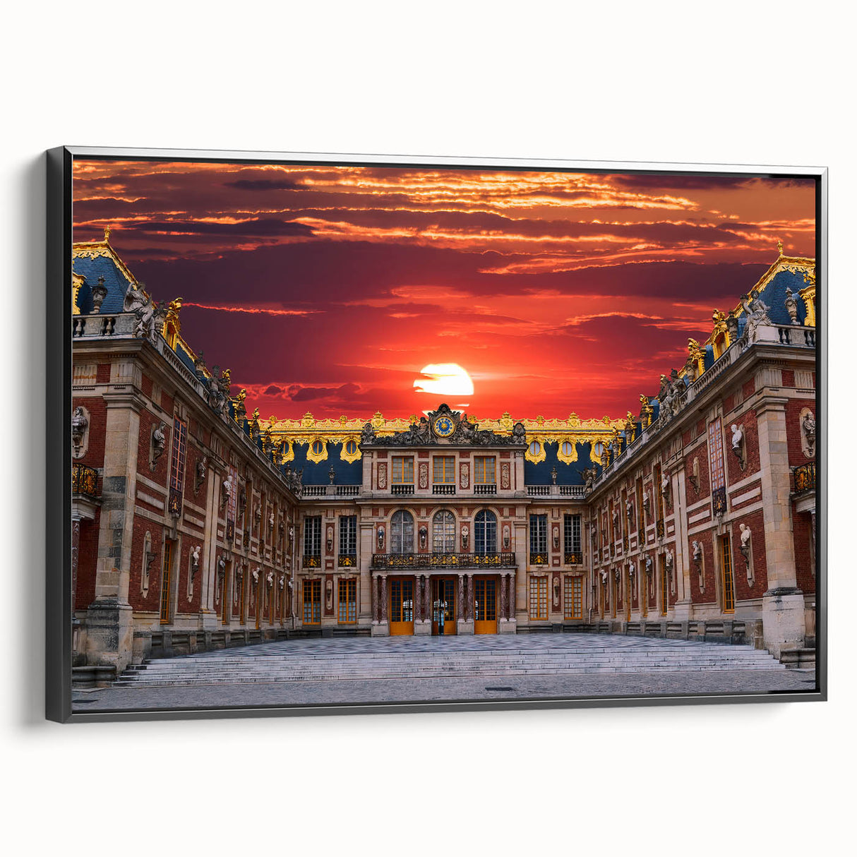 Black and white landscape art of Versailles gardens on framed canvas, ideal for bedroom decor.