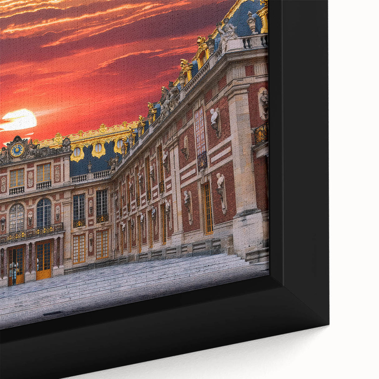 Extra large framed canvas featuring a black textured depiction of the Versailles scenery in vibrant colors.