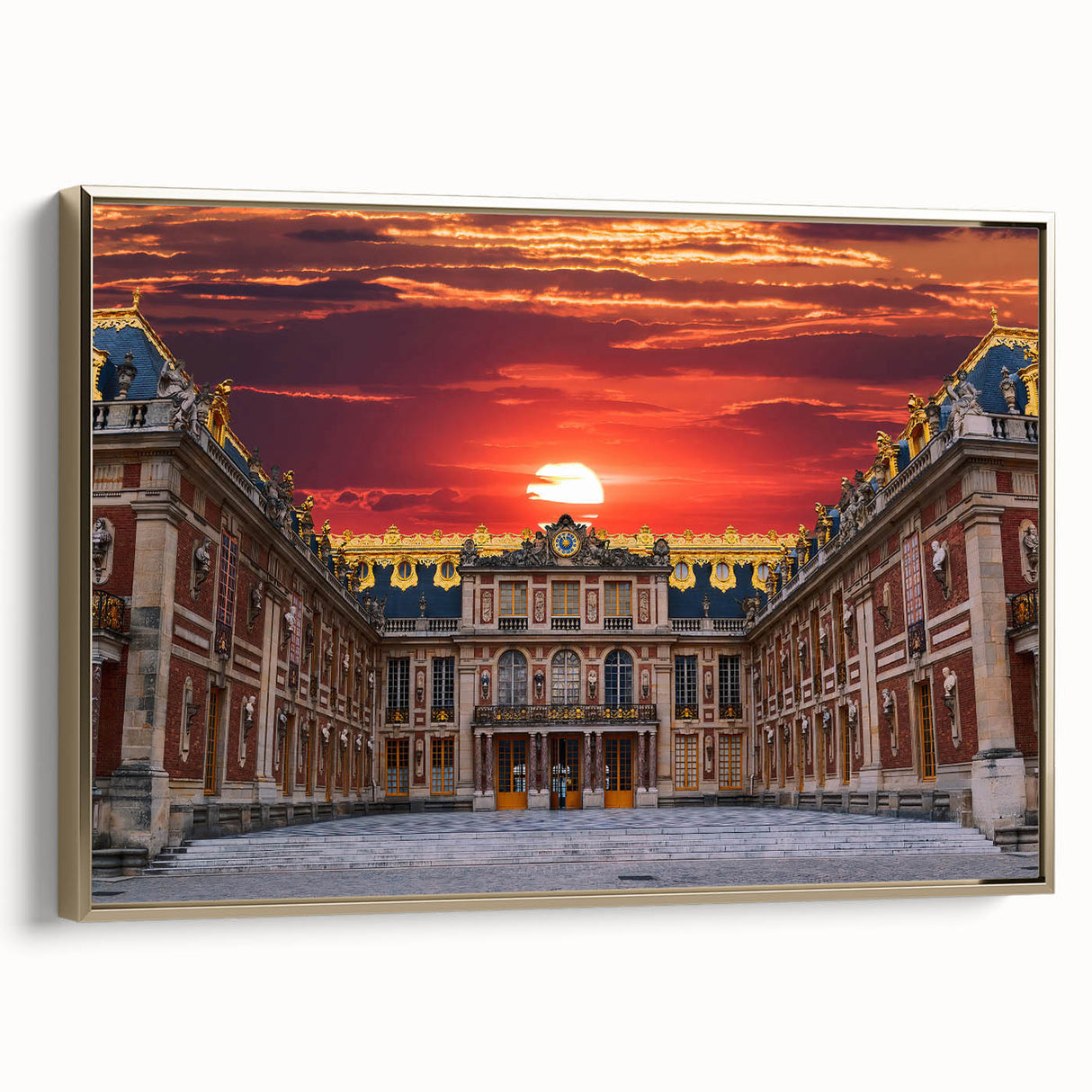 Landscape painting of Versailles with muted gold and black tones on a framed canvas, ideal for bedroom wall decor.