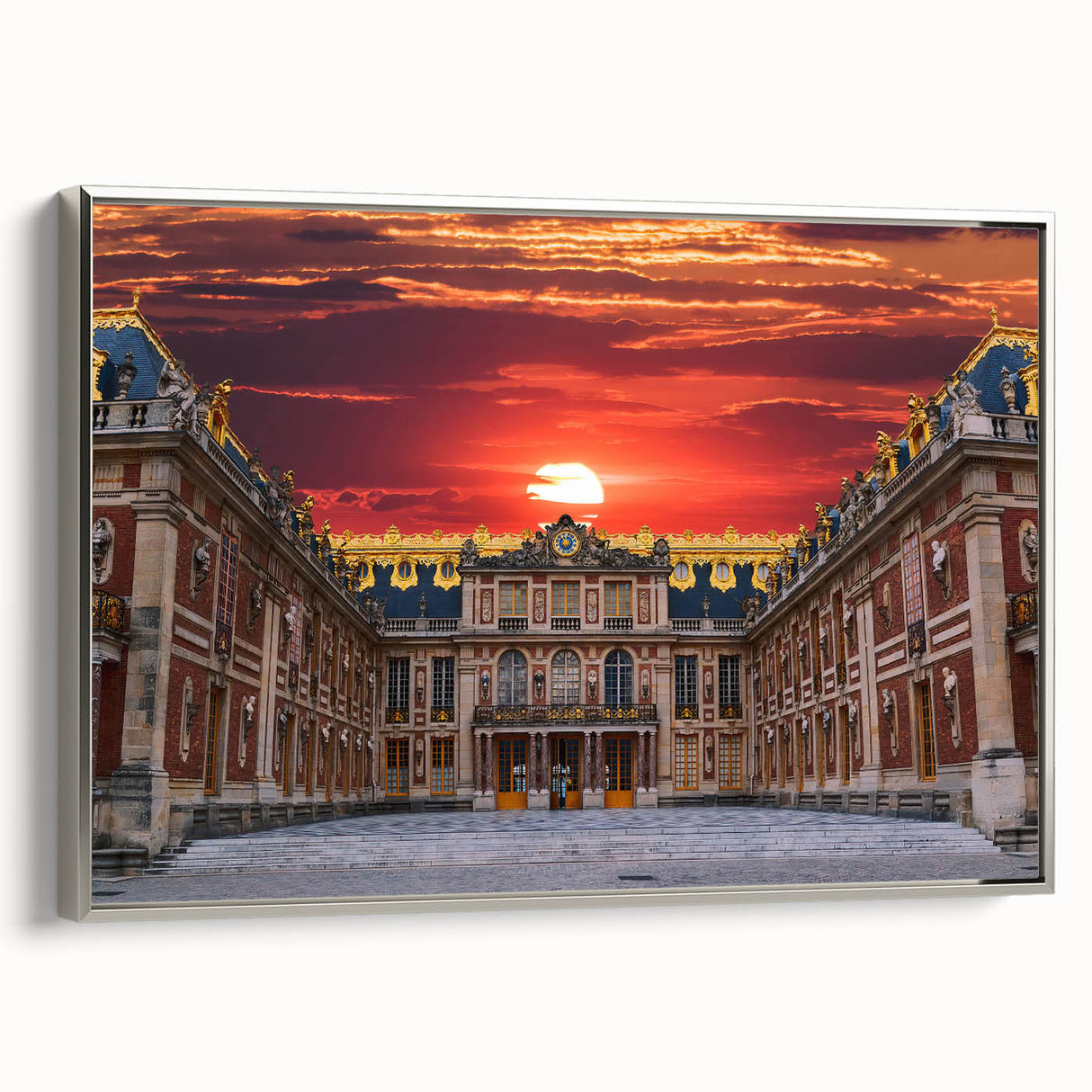 Framed canvas of a Versailles landscape painting in muted earth tones, ideal for adding a vintage touch to any room.