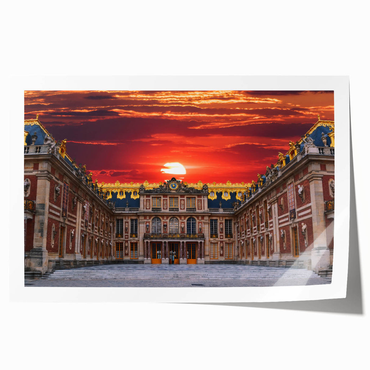 Extra large rolled print depicting the Versailles gardens in muted green and blue tones, ideal for art wall dining room.