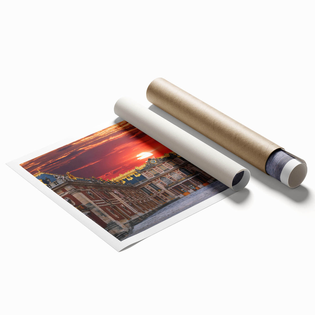 Extra large rolled print depicting the Versailles gardens in muted green and blue tones.
