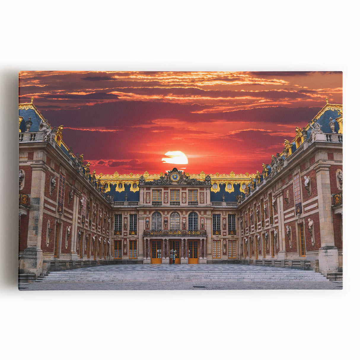 Black and white photo of the Versailles Palace on stretched canvas, ideal for kitchen wall art or bedroom ambiance.