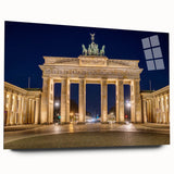 Large abstract depiction of Berlin skyline in muted blue and gray tones on acrylic glass.
