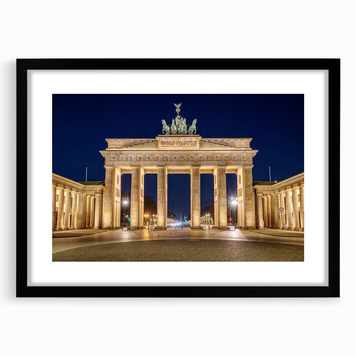Extra large abstract art print of Berlin scenery in vibrant colors on a textured canvas, framed in black.